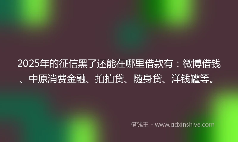2025年的征信黑了还能在哪里借款有:微博借钱、中原消费金融、拍拍贷、随身贷、洋钱罐等。