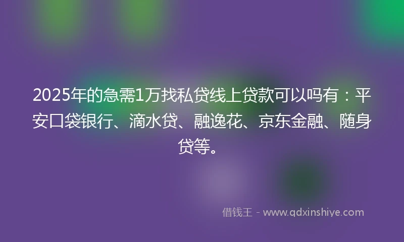2025年的急需1万找私贷线上贷款可以吗有：平安口袋银行、滴水贷、融逸花、京东金融、随身贷等。