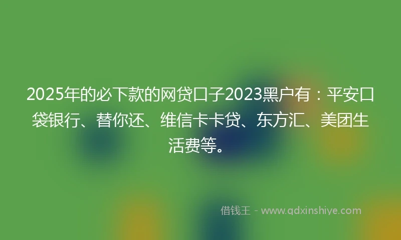 2025年的必下款的网贷口子2023黑户有：平安口袋银行、替你还、维信卡卡贷、东方汇、美团生活费等。