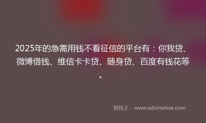2025年的急需用钱不看征信的平台有：你我贷、微博借钱、维信卡卡贷、随身贷、百度有钱花等。