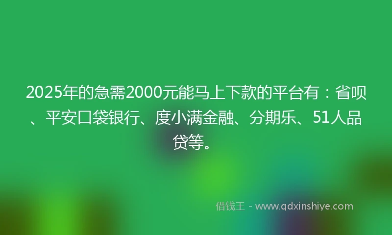 2025年的急需2000元能马上下款的平台有：省呗、平安口袋银行、度小满金融、分期乐、51人品贷等。