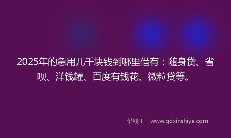 2025年的急用几千块钱到哪里借有：随身贷、省呗、洋钱罐、百度有钱花、微粒贷等。