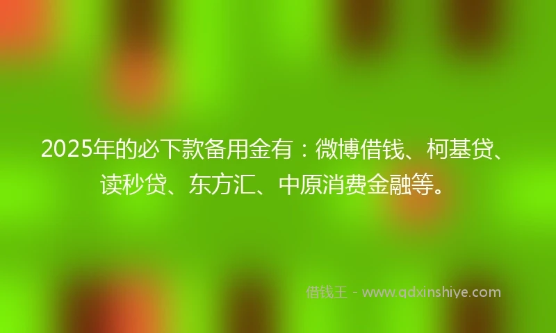 2025年的必下款备用金有：微博借钱、柯基贷、读秒贷、东方汇、中原消费金融等。