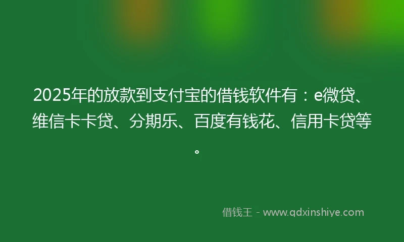 2025年的放款到支付宝的借钱软件有：e微贷、维信卡卡贷、分期乐、百度有钱花、信用卡贷等。