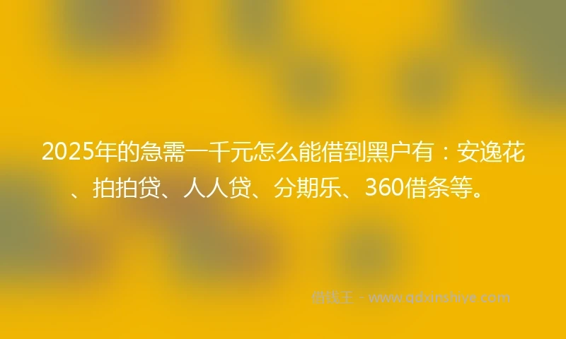 2025年的急需一千元怎么能借到黑户有：安逸花、拍拍贷、人人贷、分期乐、360借条等。