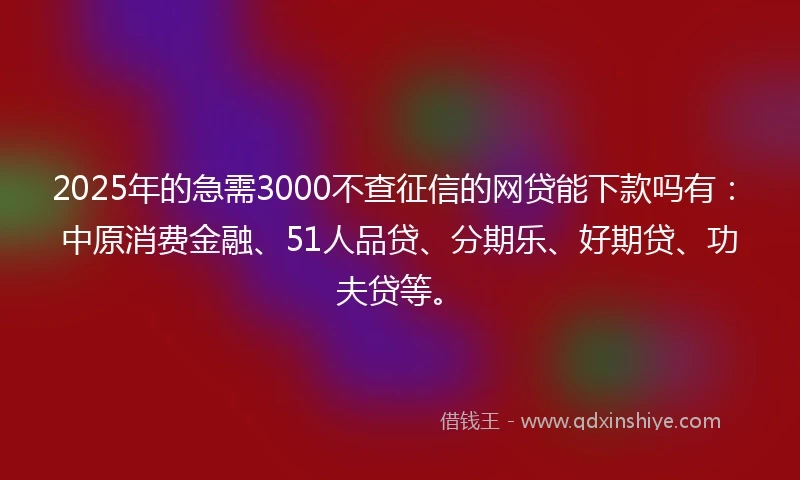 2025年的急需3000不查征信的网贷能下款吗有：中原消费金融、51人品贷、分期乐、好期贷、功夫贷等。