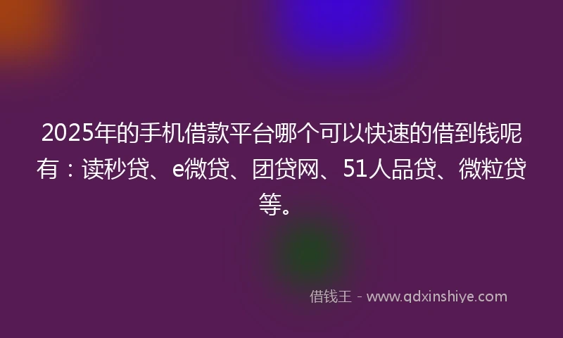 2025年的手机借款平台哪个可以快速的借到钱呢有：读秒贷、e微贷、团贷网、51人品贷、微粒贷等。