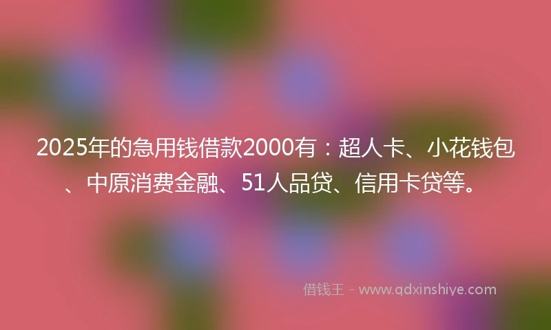 2025年的急用钱借款2000有：超人卡、小花钱包、中原消费金融、51人品贷、信用卡贷等。