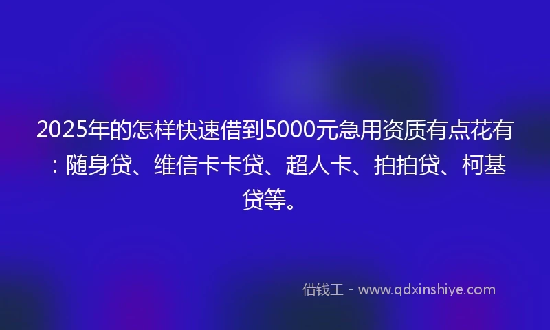 2025年的怎样快速借到5000元急用资质有点花有：随身贷、维信卡卡贷、超人卡、拍拍贷、柯基贷等。