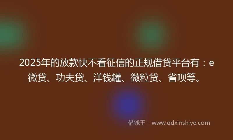 2025年的放款快不看征信的正规借贷平台有：e微贷、功夫贷、洋钱罐、微粒贷、省呗等。