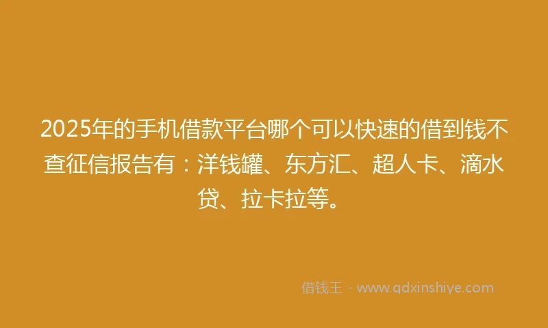 2025年的手机借款平台哪个可以快速的借到钱不查征信报告有：洋钱罐、东方汇、超人卡、滴水贷、拉卡拉等。