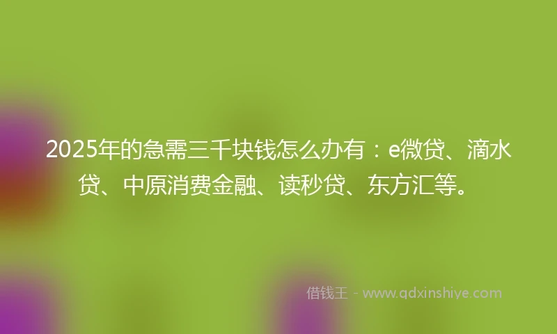 2025年的急需三千块钱怎么办有：e微贷、滴水贷、中原消费金融、读秒贷、东方汇等。