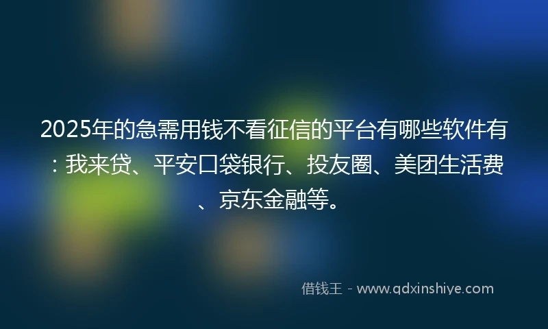 2025年的急需用钱不看征信的平台有哪些软件有：我来贷、平安口袋银行、投友圈、美团生活费、京东金融等。