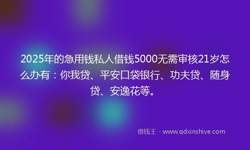 2025年的急用钱私人借钱5000无需审核21岁怎么办有:你我贷、平安口袋银行、功夫贷、随身贷、安逸花等。