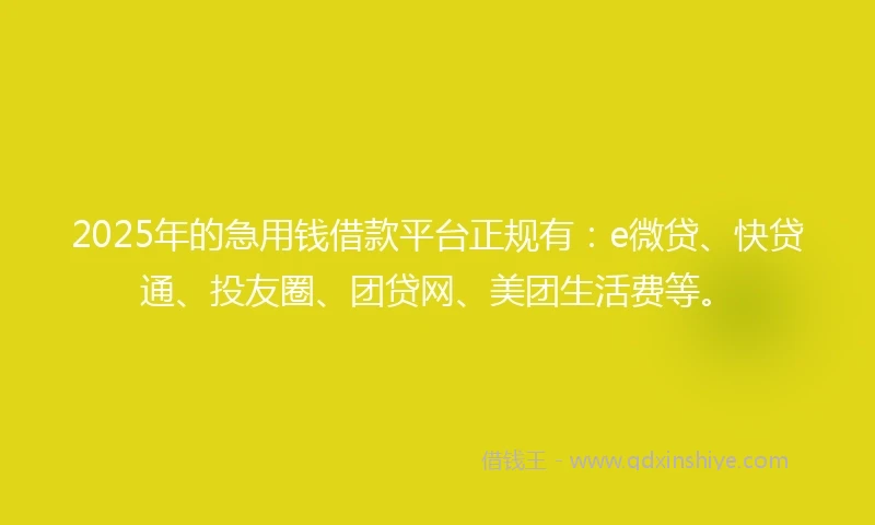 2025年的急用钱借款平台正规有：e微贷、快贷通、投友圈、团贷网、美团生活费等。
