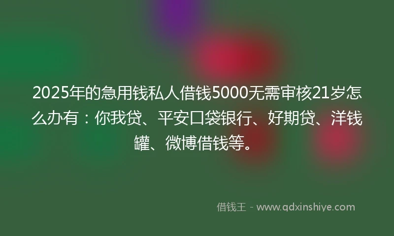 2025年的急用钱私人借钱5000无需审核21岁怎么办有：你我贷、平安口袋银行、好期贷、洋钱罐、微博借钱等。