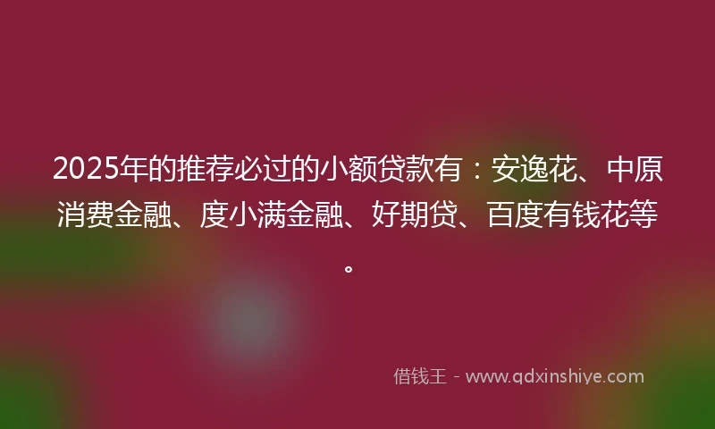 2025年的推荐必过的小额贷款有：安逸花、中原消费金融、度小满金融、好期贷、百度有钱花等。