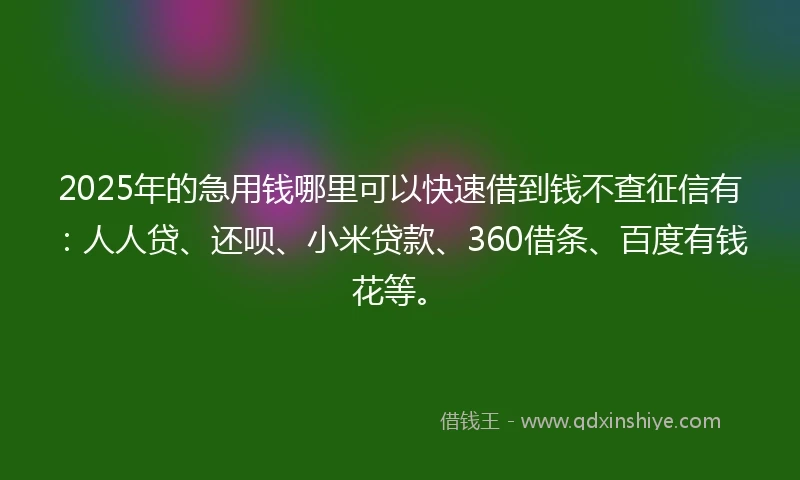 2025年的急用钱哪里可以快速借到钱不查征信有：人人贷、还呗、小米贷款、360借条、百度有钱花等。