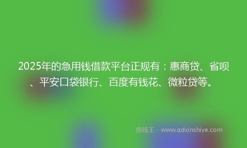 2025年的急用钱借款平台正规有：惠商贷、省呗、平安口袋银行、百度有钱花、微粒贷等。