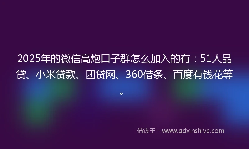 2025年的微信高炮口子群怎么加入的有：51人品贷、小米贷款、团贷网、360借条、百度有钱花等。