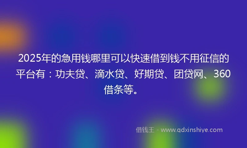 2025年的急用钱哪里可以快速借到钱不用征信的平台有：功夫贷、滴水贷、好期贷、团贷网、360借条等。
