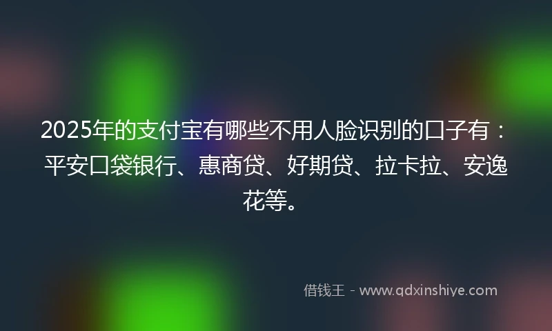 2025年的支付宝有哪些不用人脸识别的口子有：平安口袋银行、惠商贷、好期贷、拉卡拉、安逸花等。