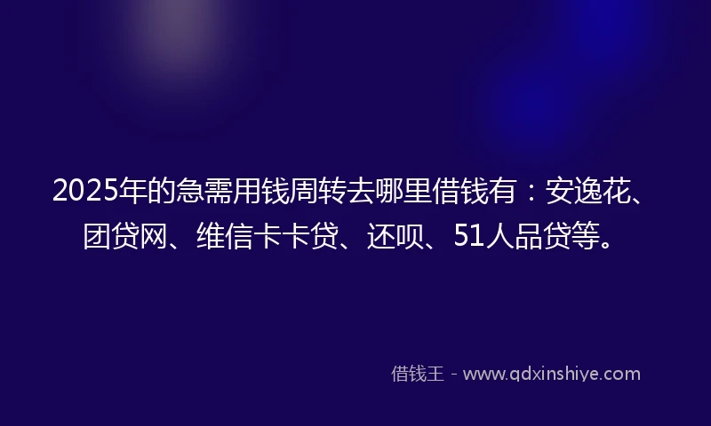2025年的急需用钱周转去哪里借钱有：安逸花、团贷网、维信卡卡贷、还呗、51人品贷等。
