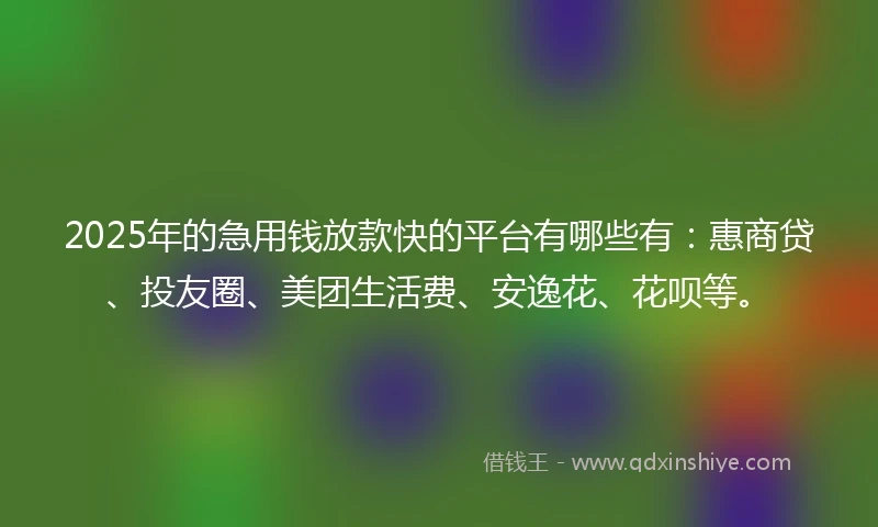 2025年的急用钱放款快的平台有哪些有：惠商贷、投友圈、美团生活费、安逸花、花呗等。