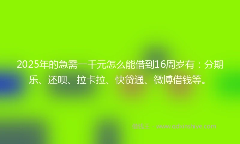2025年的急需一千元怎么能借到16周岁有：分期乐、还呗、拉卡拉、快贷通、微博借钱等。
