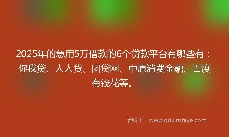 2025年的急用5万借款的6个贷款平台有哪些有：你我贷、人人贷、团贷网、中原消费金融、百度有钱花等。