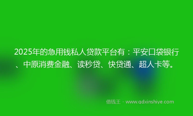 2025年的急用钱私人贷款平台有：平安口袋银行、中原消费金融、读秒贷、快贷通、超人卡等。