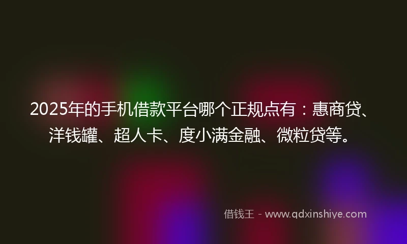 2025年的手机借款平台哪个正规点有：惠商贷、洋钱罐、超人卡、度小满金融、微粒贷等。