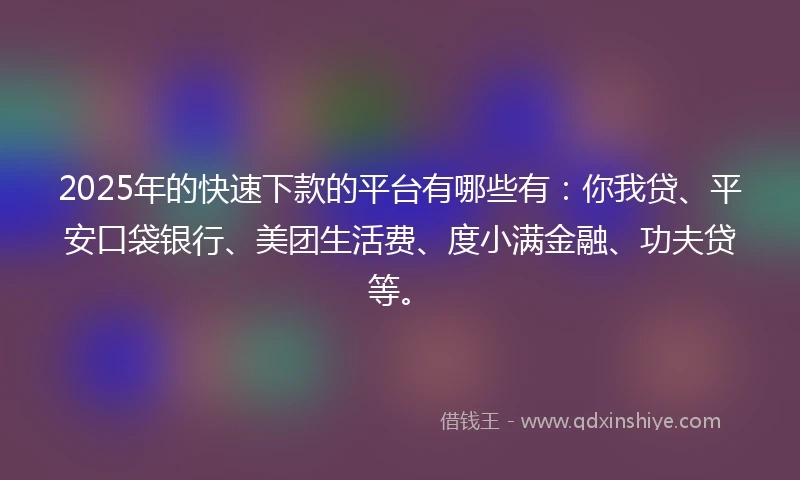 2025年的快速下款的平台有哪些有：你我贷、平安口袋银行、美团生活费、度小满金融、功夫贷等。