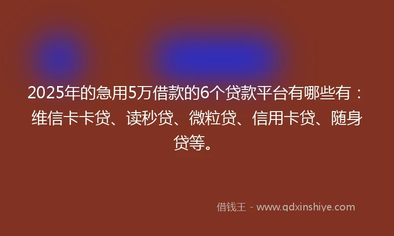 2025年的急用5万借款的6个贷款平台有哪些有：维信卡卡贷、读秒贷、微粒贷、信用卡贷、随身贷等。