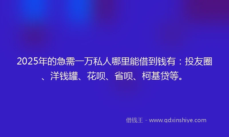2025年的急需一万私人哪里能借到钱有：投友圈、洋钱罐、花呗、省呗、柯基贷等。
