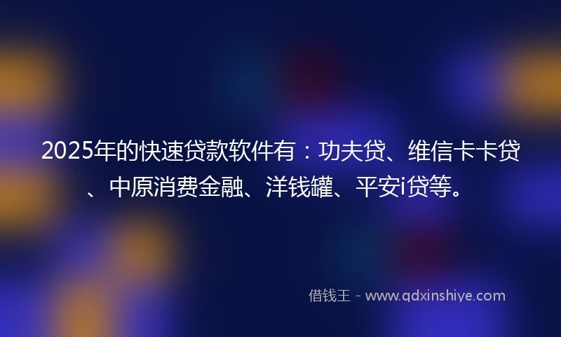 2025年的快速贷款软件有：功夫贷、维信卡卡贷、中原消费金融、洋钱罐、平安i贷等。