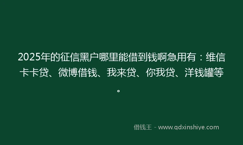 2025年的征信黑户哪里能借到钱啊急用有：维信卡卡贷、微博借钱、我来贷、你我贷、洋钱罐等。