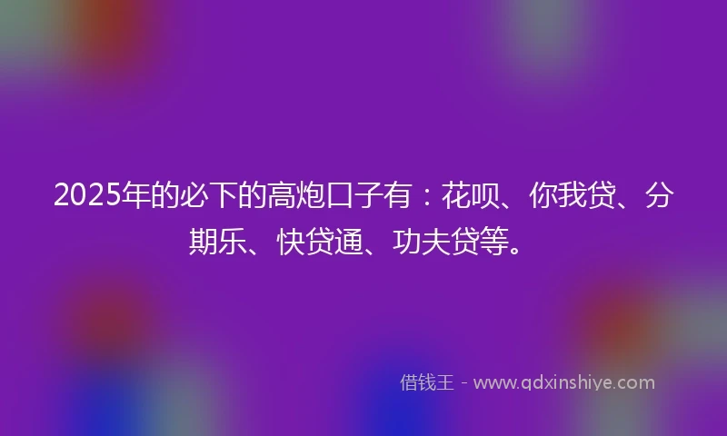 2025年的必下的高炮口子有：花呗、你我贷、分期乐、快贷通、功夫贷等。
