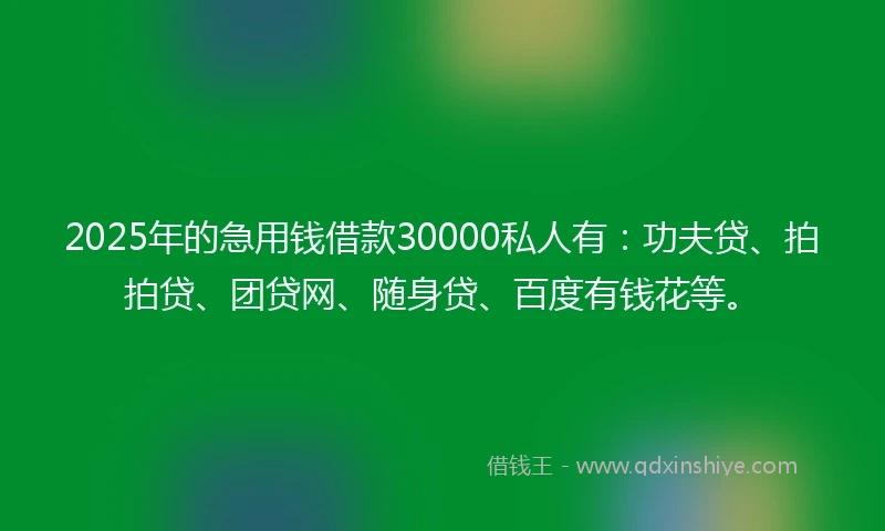 2025年的急用钱借款30000私人有：功夫贷、拍拍贷、团贷网、随身贷、百度有钱花等。