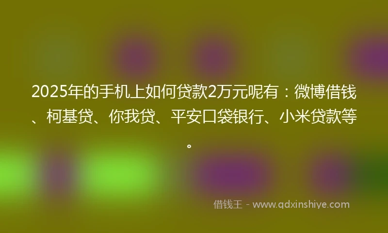 2025年的手机上如何贷款2万元呢有：微博借钱、柯基贷、你我贷、平安口袋银行、小米贷款等。
