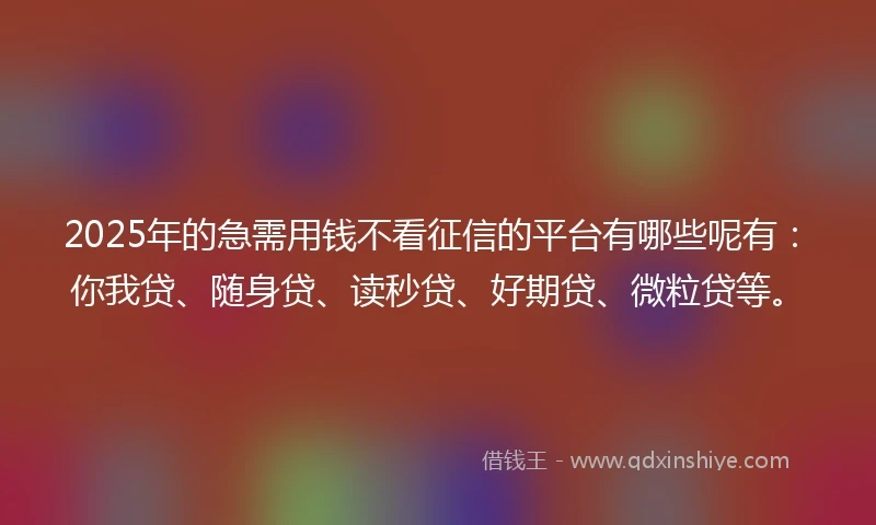 2025年的急需用钱不看征信的平台有哪些呢有：你我贷、随身贷、读秒贷、好期贷、微粒贷等。