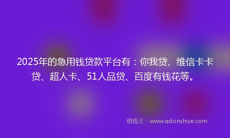 2025年的急用钱贷款平台有：你我贷、维信卡卡贷、超人卡、51人品贷、百度有钱花等。