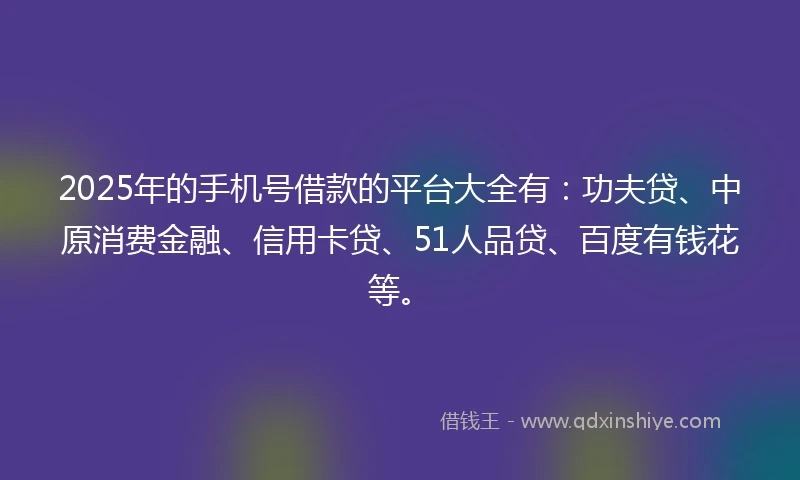 2025年的手机号借款的平台大全有：功夫贷、中原消费金融、信用卡贷、51人品贷、百度有钱花等。