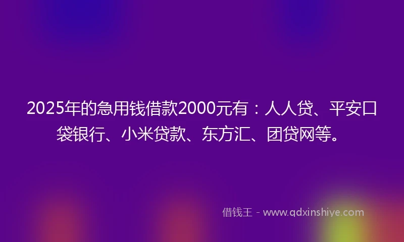 2025年的急用钱借款2000元有：人人贷、平安口袋银行、小米贷款、东方汇、团贷网等。