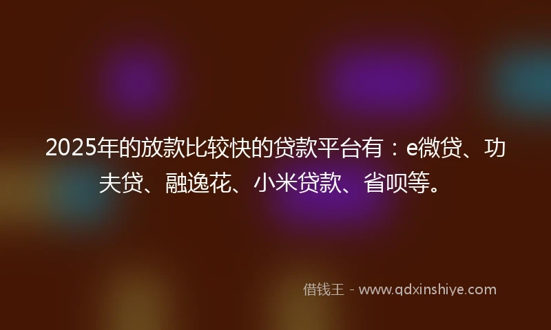 2025年的放款比较快的贷款平台有：e微贷、功夫贷、融逸花、小米贷款、省呗等。
