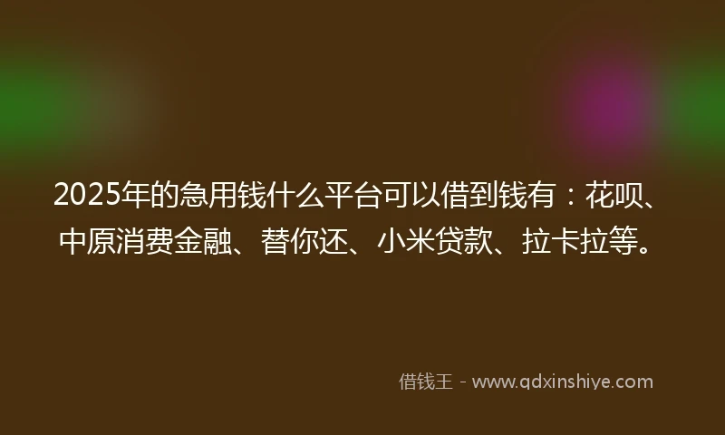 2025年的急用钱什么平台可以借到钱有：花呗、中原消费金融、替你还、小米贷款、拉卡拉等。