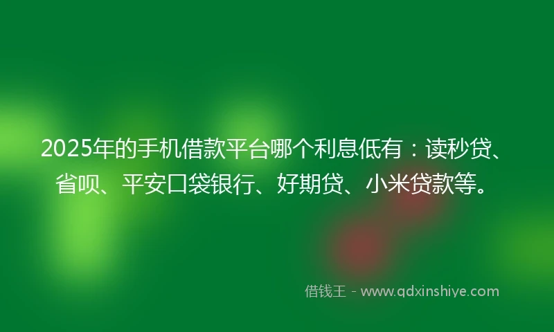 2025年的手机借款平台哪个利息低有：读秒贷、省呗、平安口袋银行、好期贷、小米贷款等。