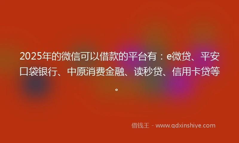 2025年的微信可以借款的平台有：e微贷、平安口袋银行、中原消费金融、读秒贷、信用卡贷等。