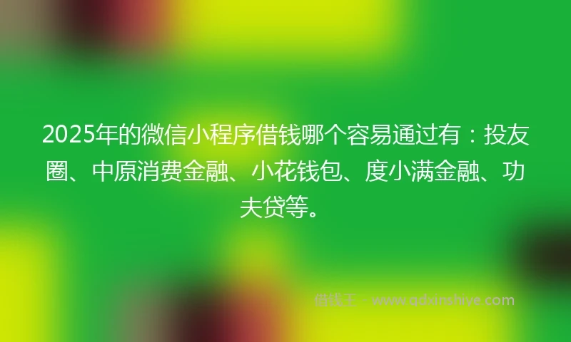 2025年的微信小程序借钱哪个容易通过有:投友圈、中原消费金融、小花钱包、度小满金融、功夫贷等。