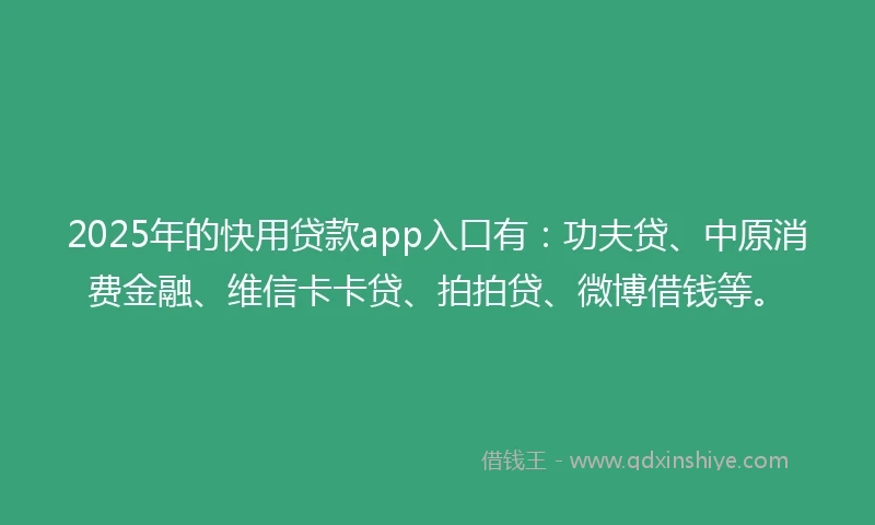 2025年的快用贷款app入口有：功夫贷、中原消费金融、维信卡卡贷、拍拍贷、微博借钱等。